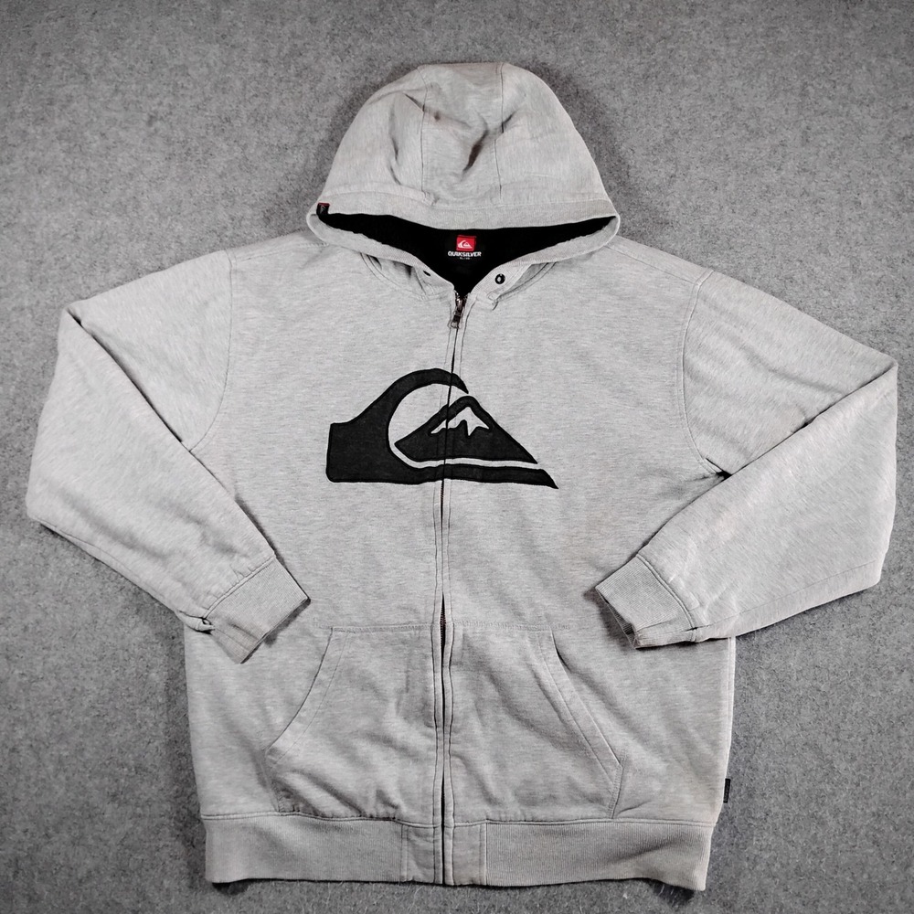 Quiksilver Sherpa Lined Zip Up Hoodie Mens‎ XL Gray Y2K Logo Heavyweight Sweater